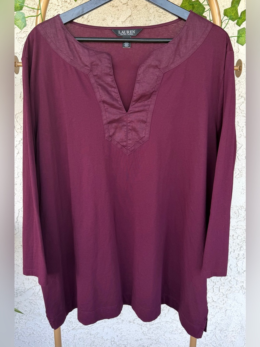 LAUREN Ralph Lauren Women's Burgundy Long-Sleeve Split-Neck Tunic